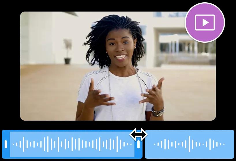 Interface van de audio knippen tool. De video preview toont een glimlachende vrouw die tegen de camera praat.