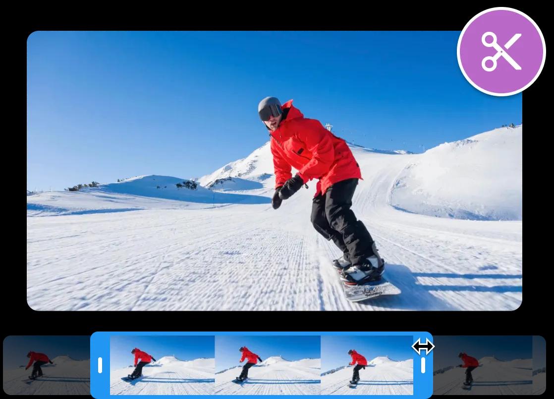 Uma interface de uma ferramenta de corte de vídeo em uso. A pré-visualização do vídeo mostra um homem praticando snowboard com uma jaqueta vermelha.