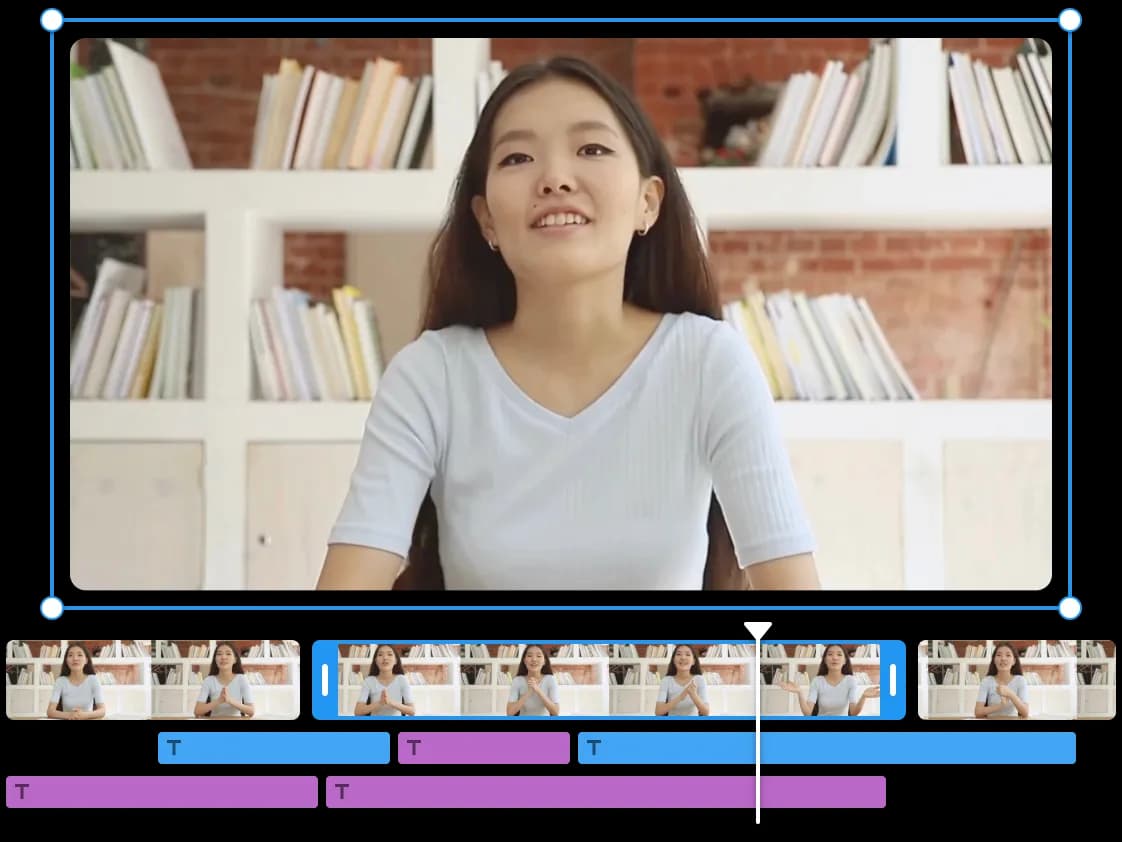 The video editing interface with image preview and a timeline. The timeline shows video clips and text layers.