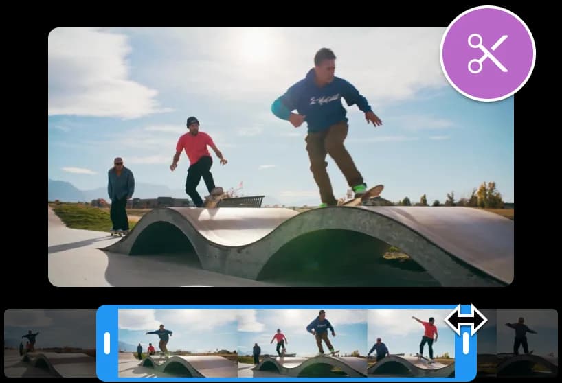 The video is being shortened using a trim video tool. The preview displays three men riding skateboards on a ramp.