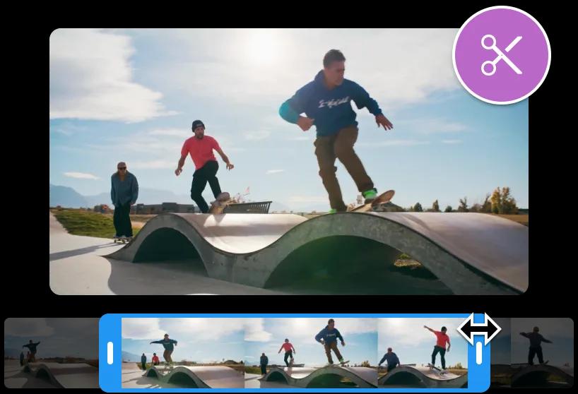 De video wordt ingekort met een knippen video tool. De voorvertoning toont drie mannen die op een skateboardhelling rijden.