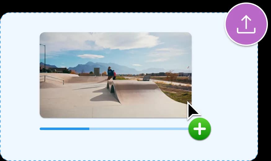 Video uploading process with a progress indicator. The preview shows a skateboard ramp.