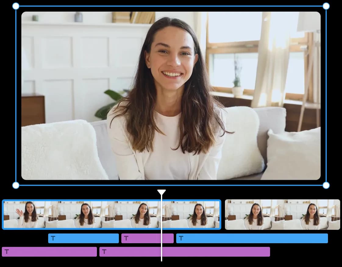 Interface of the Videmix video editing platform. The video preview shows a smiling woman sitting on a couch.