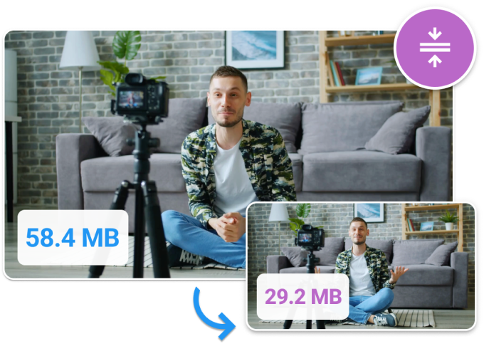 Video Compressor interface showing compression results. The previews depict a man speaking to the camera.