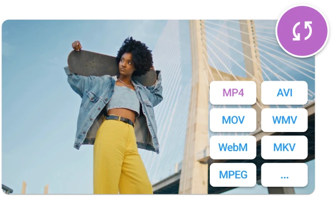 Videmix Video Converter interface preview with conversion options. Preview shows a woman holding a skateboard.