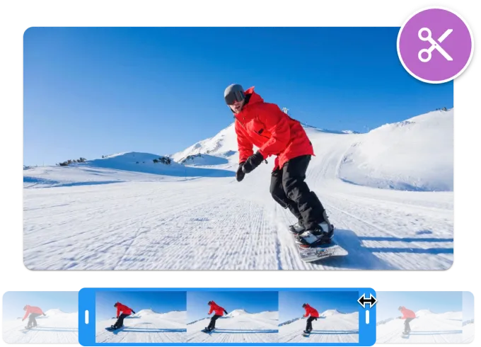 An interface illustration of a video trimmer tool. The video preview shows a man snowboarding on a mountain.